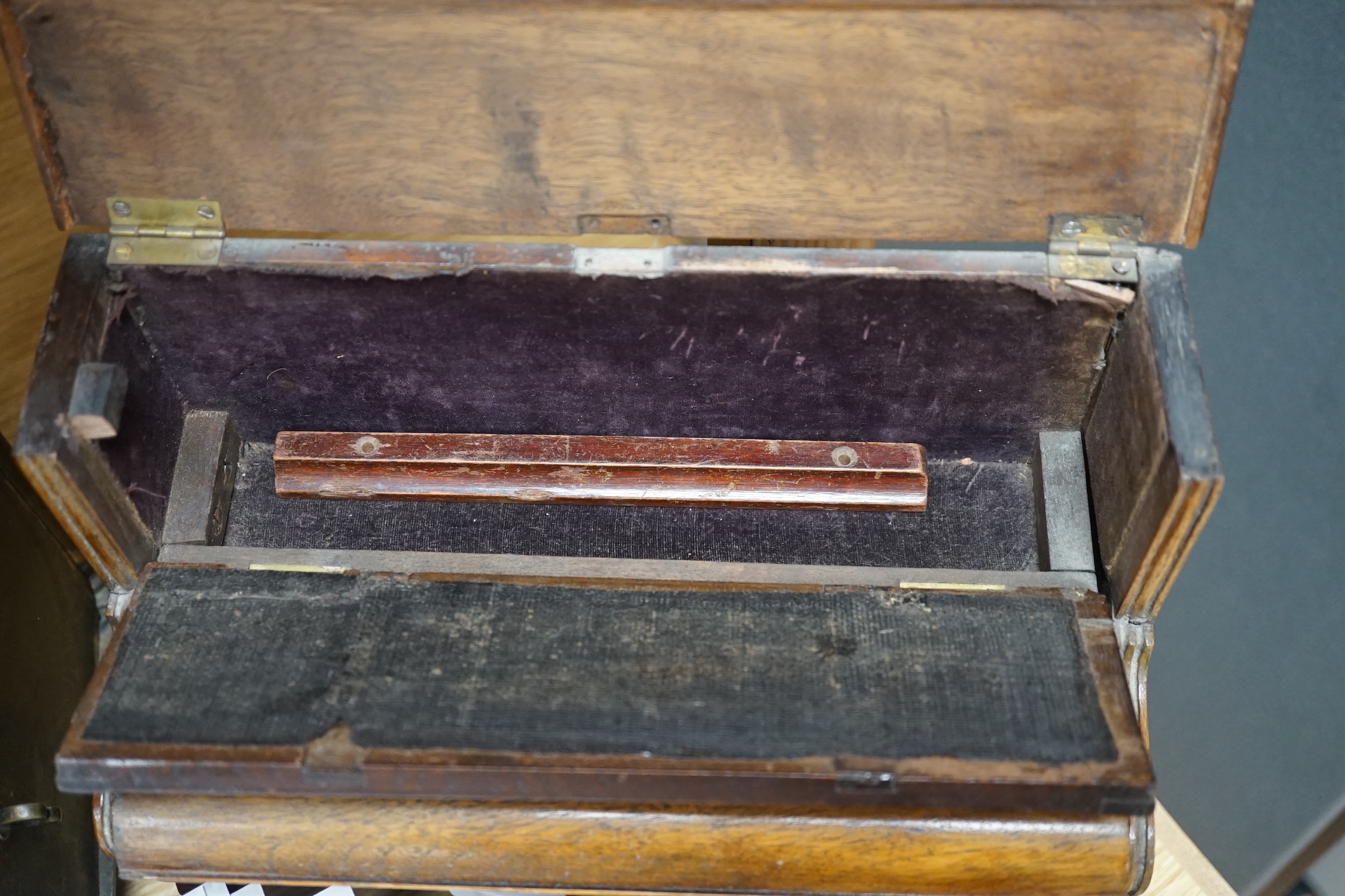 A novelty miniature mahogany upright piano and an inlaid mahogany tray, 39cm long